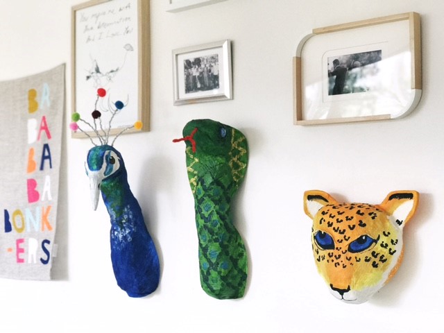 Peacock, cobra, leopard paper mache animal heads
